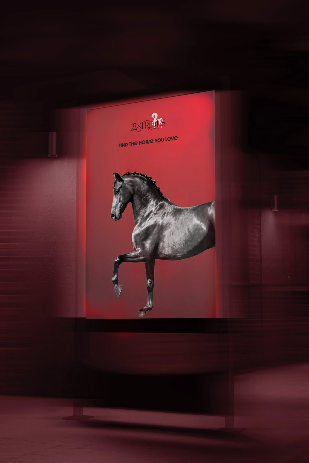 A backlit 2Strides poster in a red lightbox, a horse mid-stride