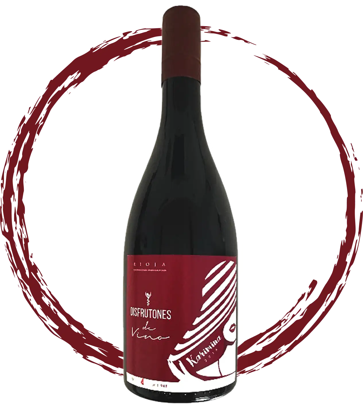 An Atelier de Vino red-wine bottle framed by a circular wine swirl