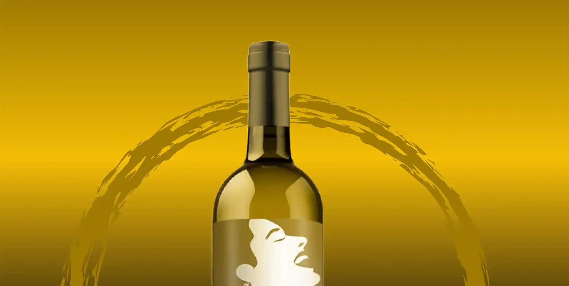 A white-wine bottle and a swirl of wine on the Atelier de Vino brand yellow