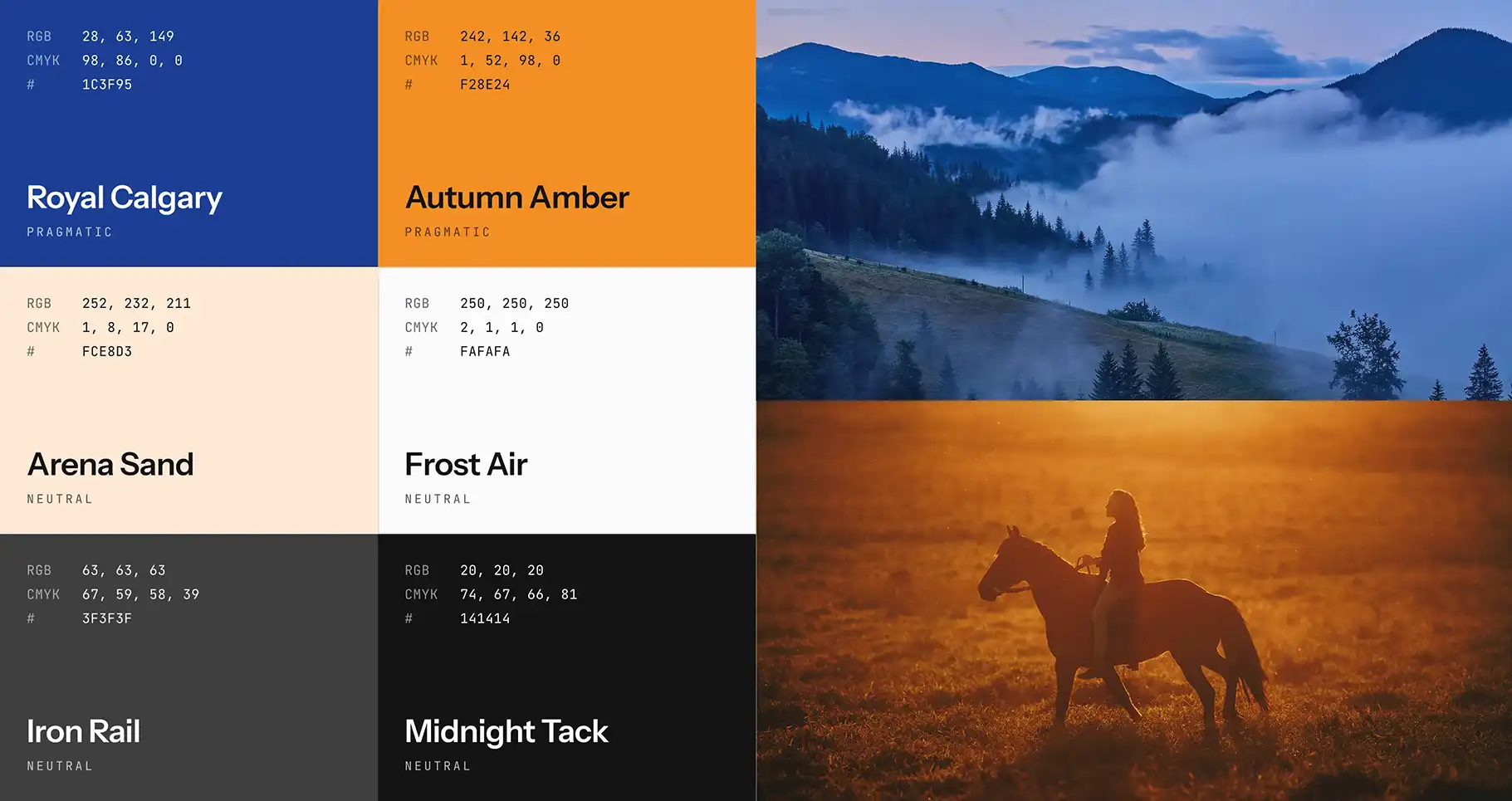 Beth Underhill’s brand colour palette beside a rider crossing misty hills at sunset