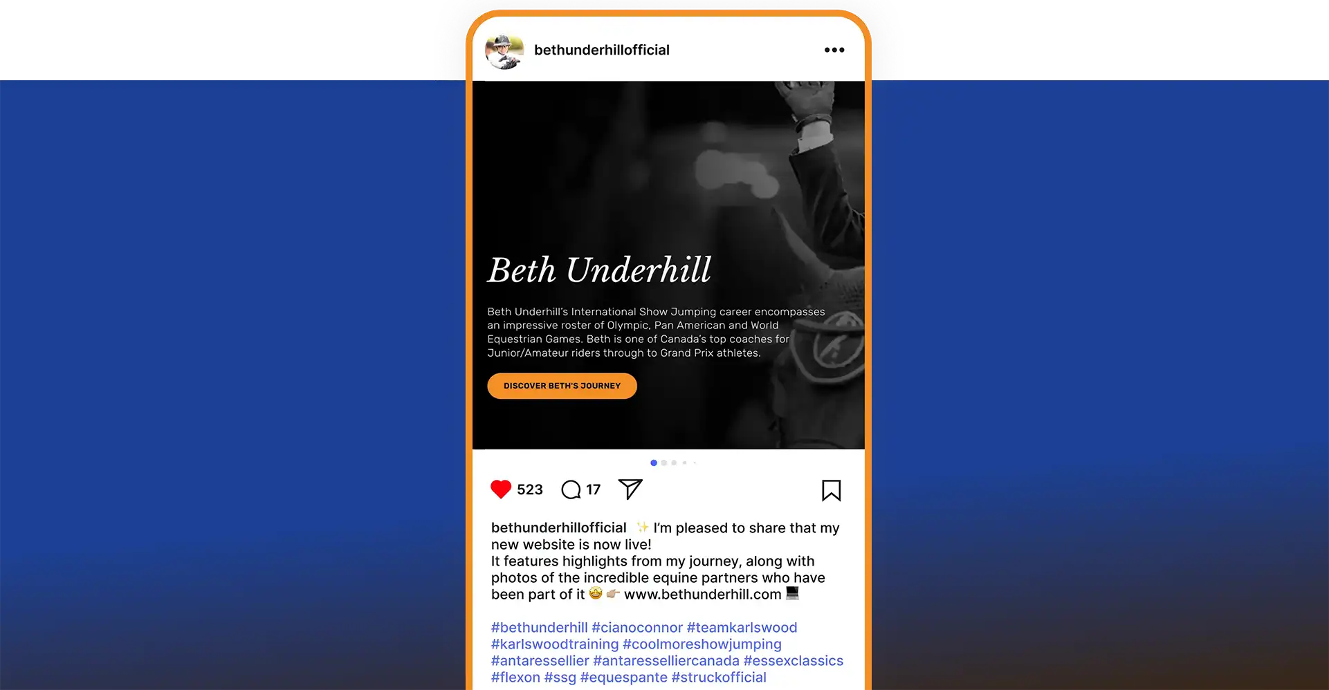 The website-launch announcement styled as an Instagram post on Beth Underhill’s blue brand field