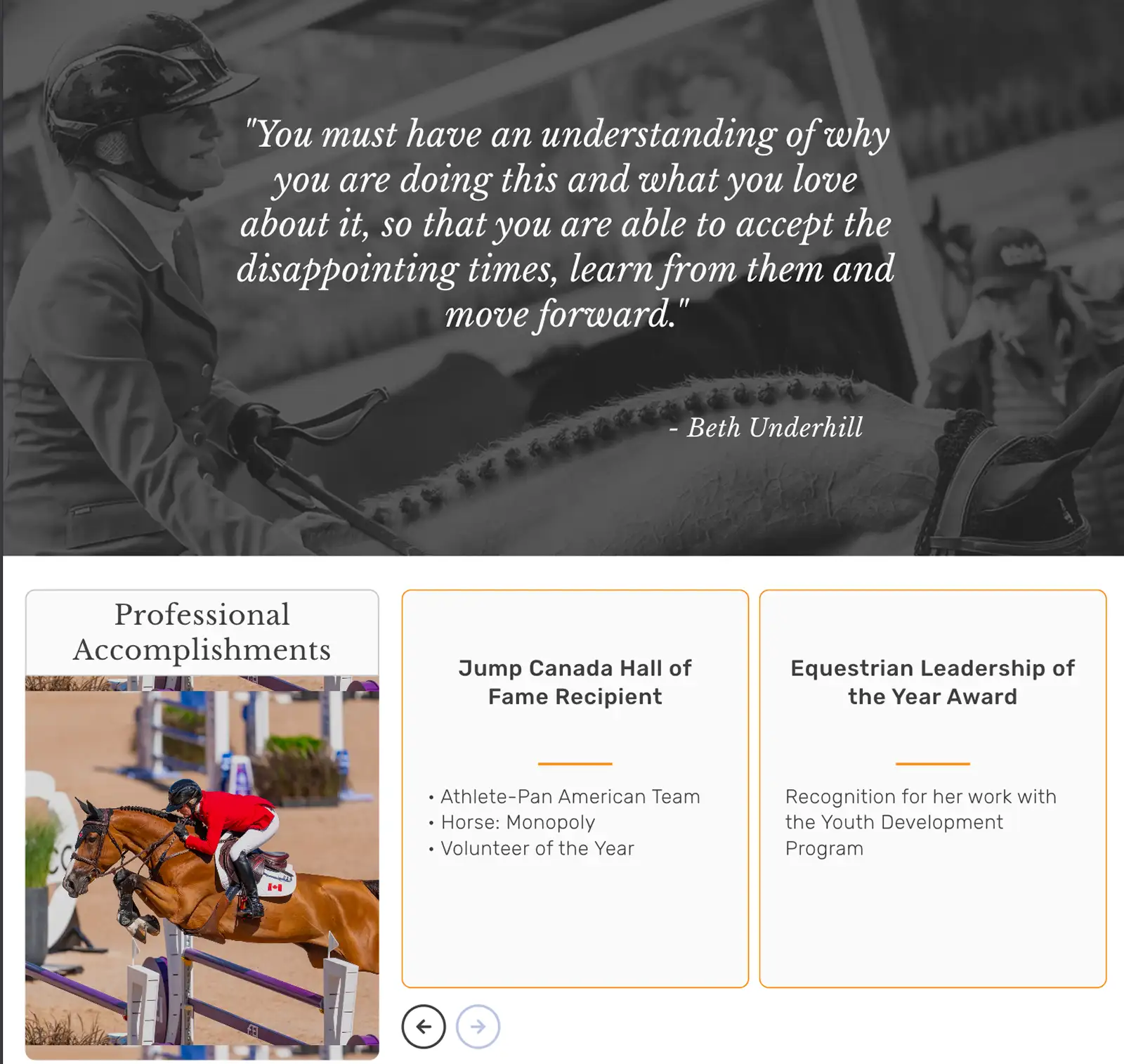 A Beth Underhill quote card above her professional accomplishments