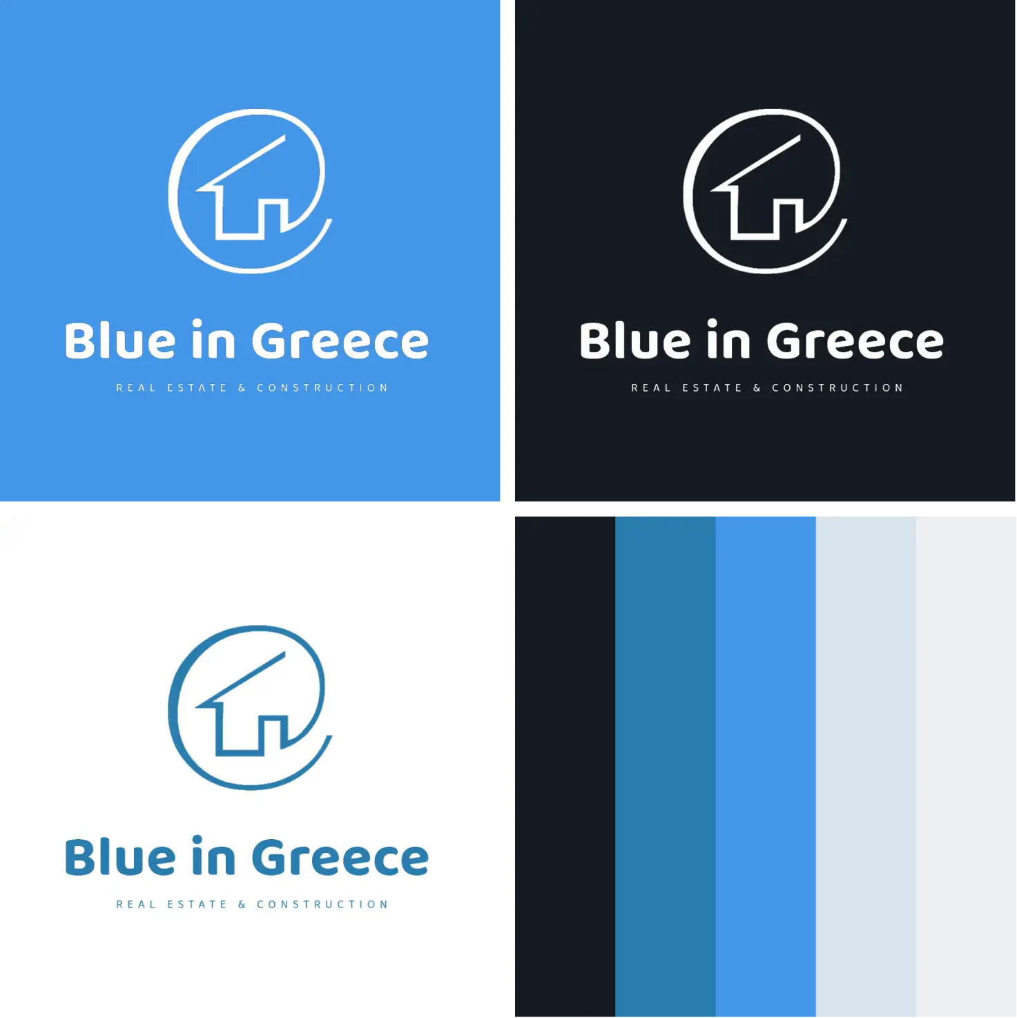 Four Blue in Greece logo lockups on light, dark, white and blue-gradient grounds