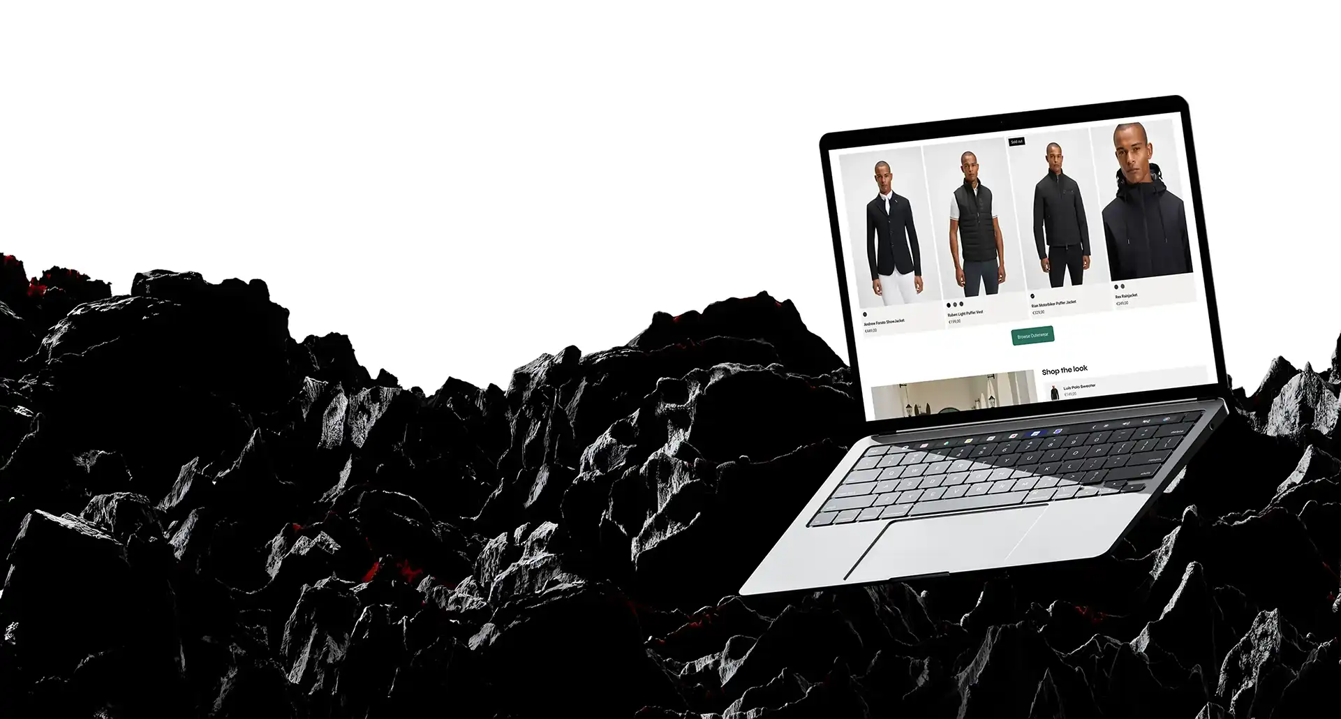 The BOSS Equestrian storefront shown on a laptop above black volcanic rock