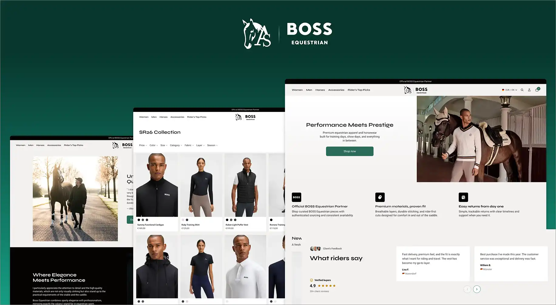 BOSS Equestrian collection, product and storefront screens