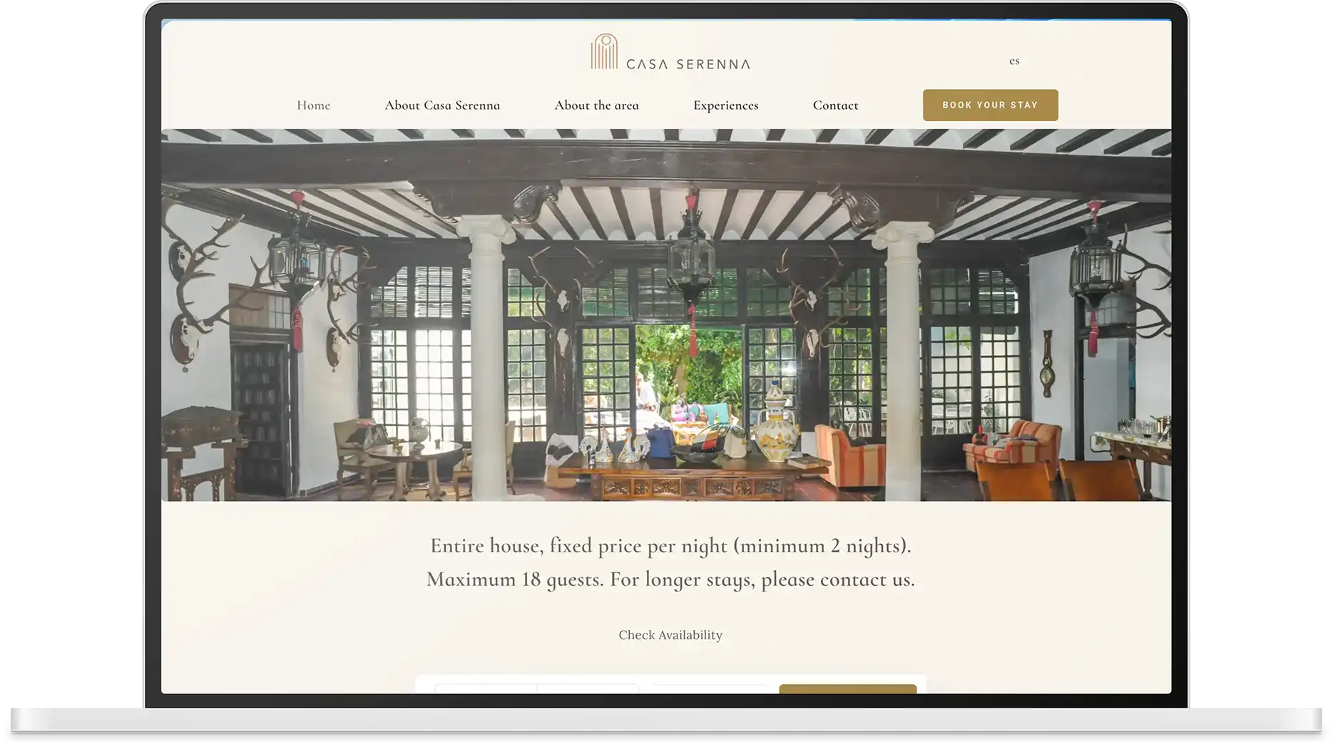 The Casa Serenna website shown on a laptop, opening on the villa's plant-filled veranda
