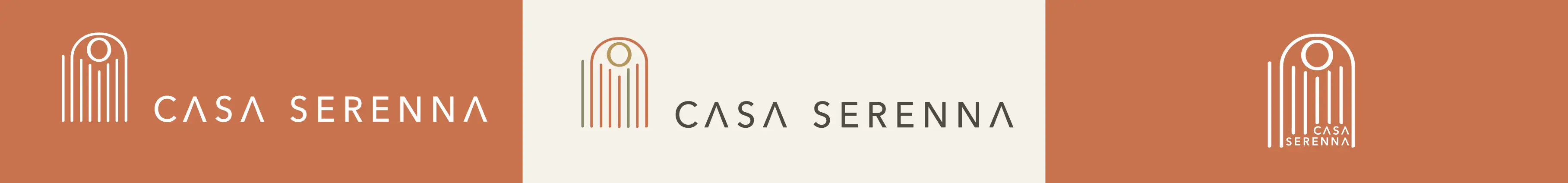 Three Casa Serenna logo lockups on a terracotta band