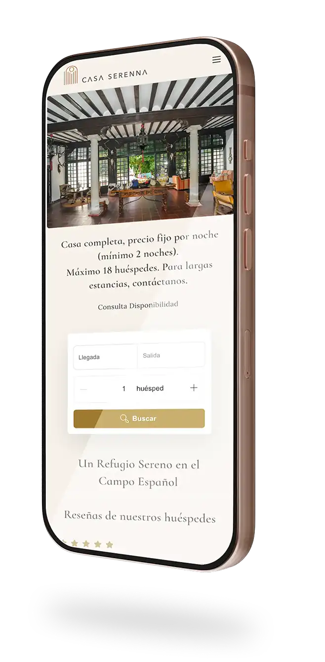 The Casa Serenna booking site shown on a phone, with the live availability search