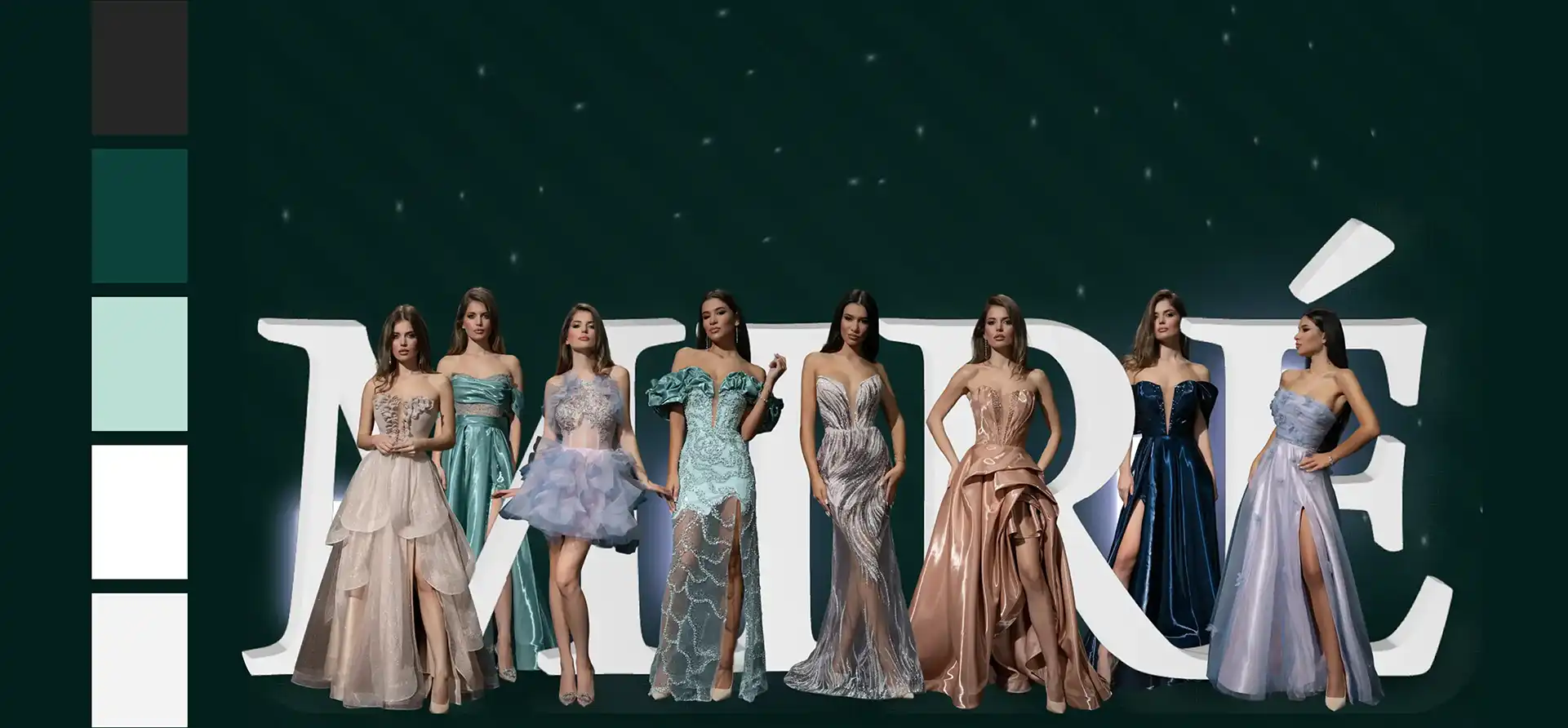 Models in Miré evening gowns in front of a large MIRÉ wordmark on a deep-green backdrop