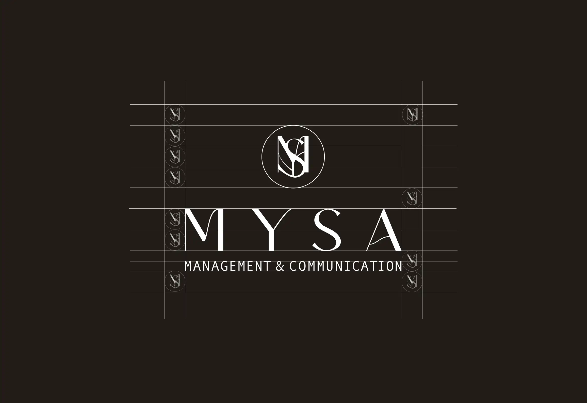 The MYSA wordmark shown with its construction grid and alignment guides on near-black