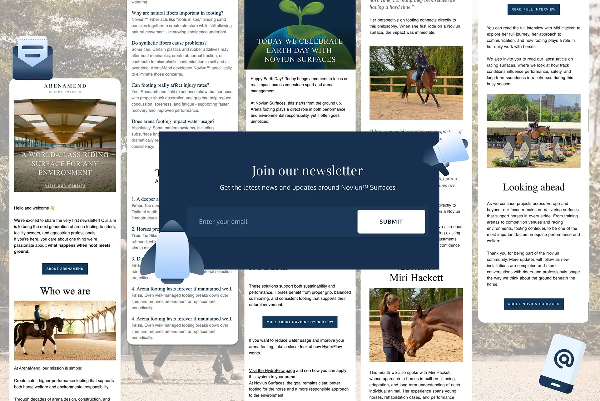 Noviun’s content ecosystem — newsletter sign-up, brand story and blog posts