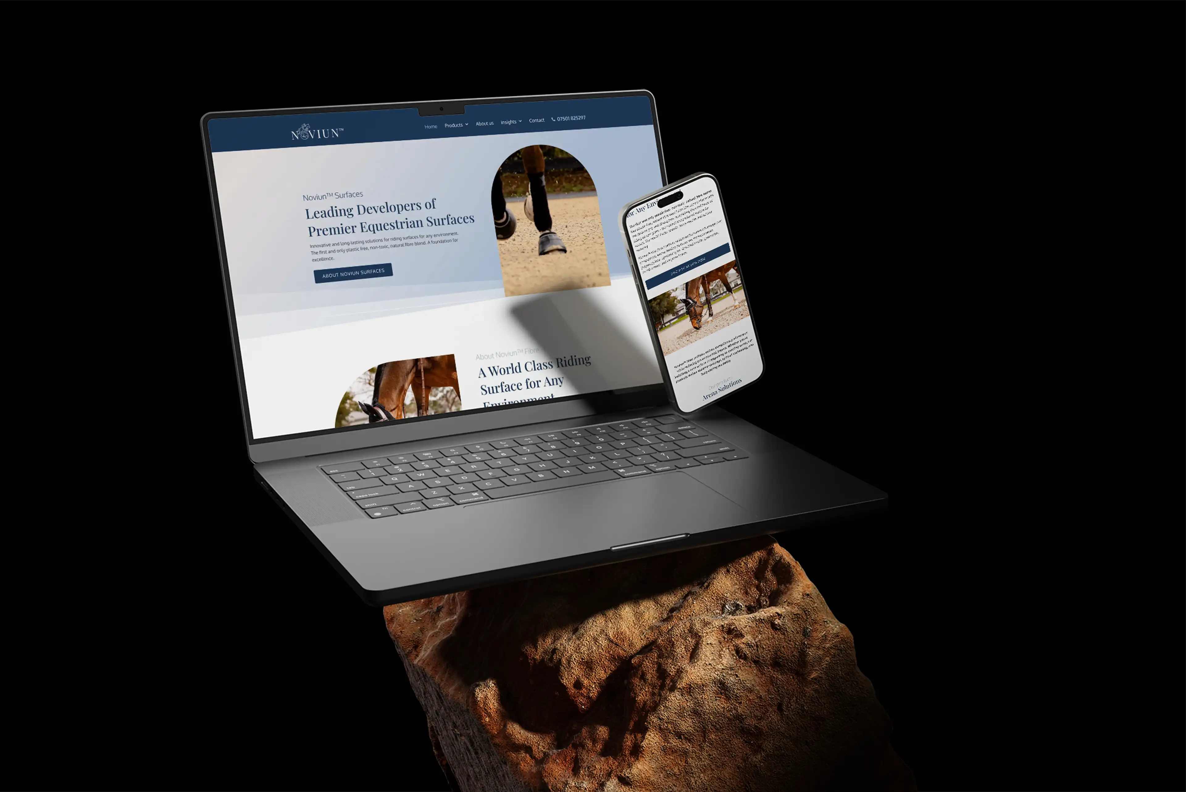 The Noviun Surfaces website on a laptop and iPhone against a dark backdrop