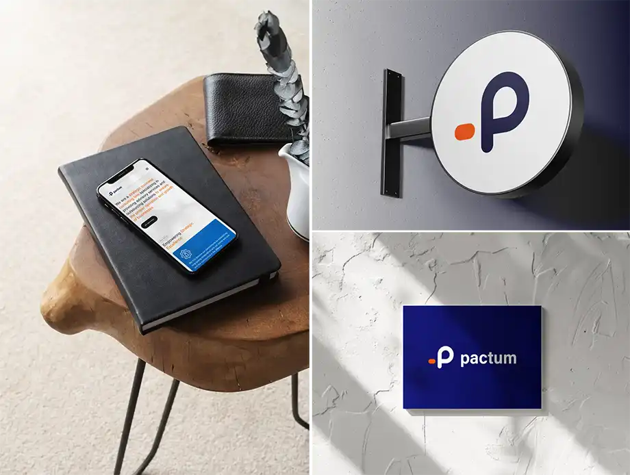 The Pactum website on a phone resting on a leather notebook, beside the circular Pactum sign and a navy business card