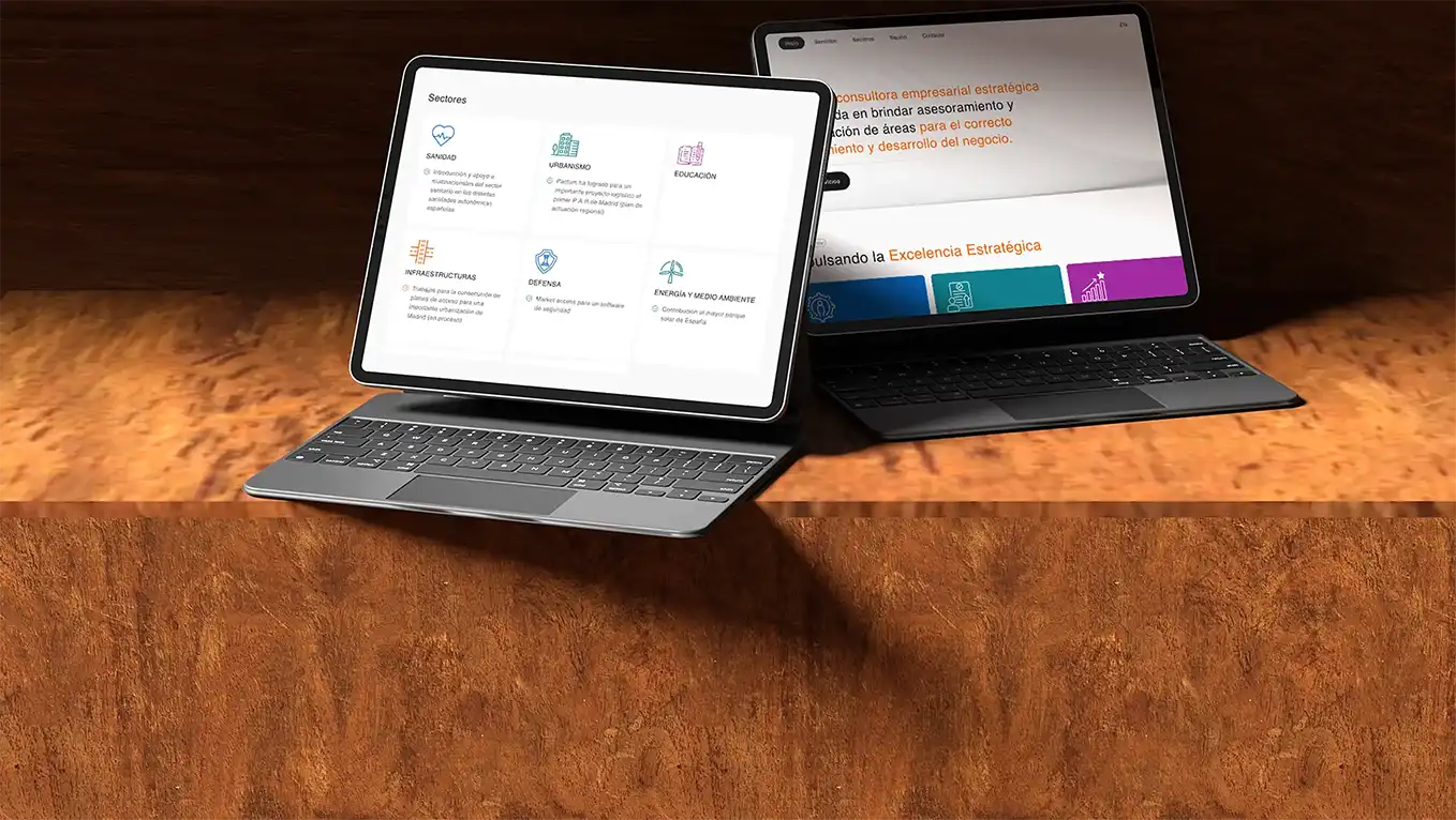 The Pactum site on two iPads — the Sectores overview grid and the strategic-consultancy homepage