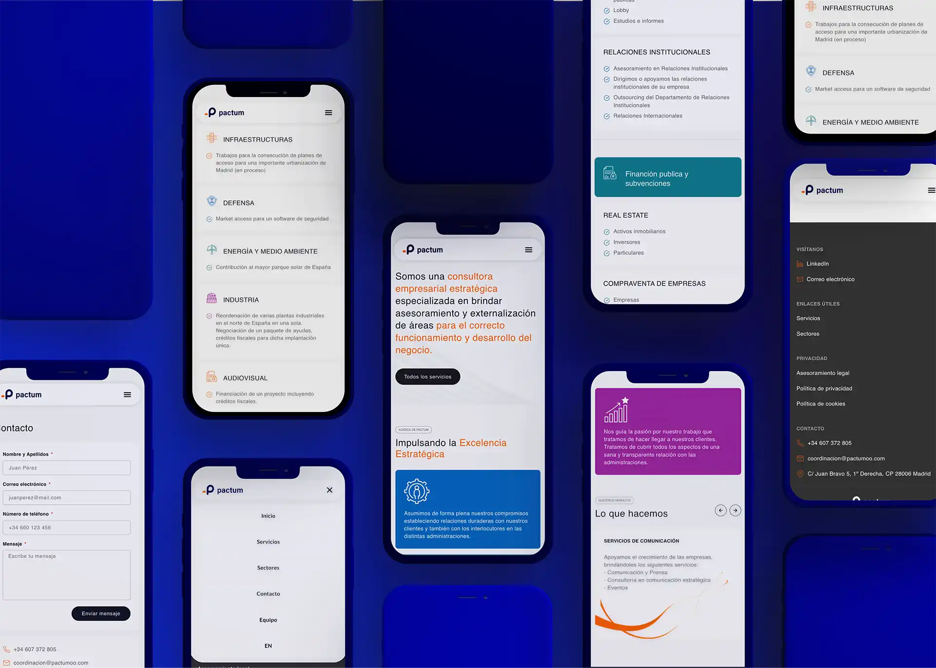 A grid of Pactum mobile screens — services, sectors, navigation, contact and footer — on a blue backdrop