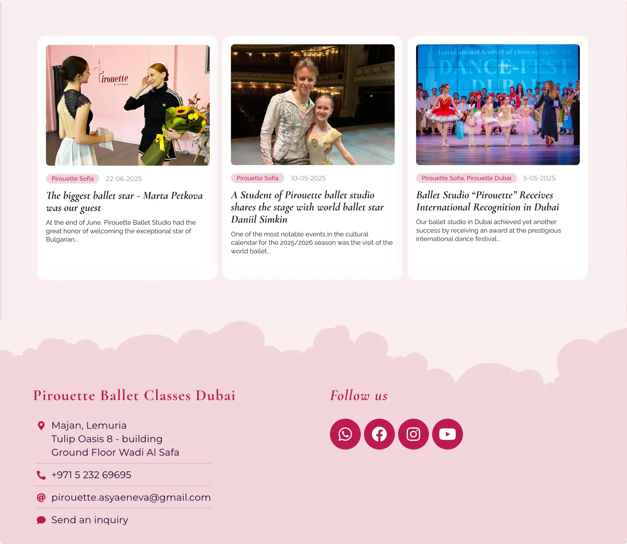 Pirouette Studio blog and news cards on a soft-pink background