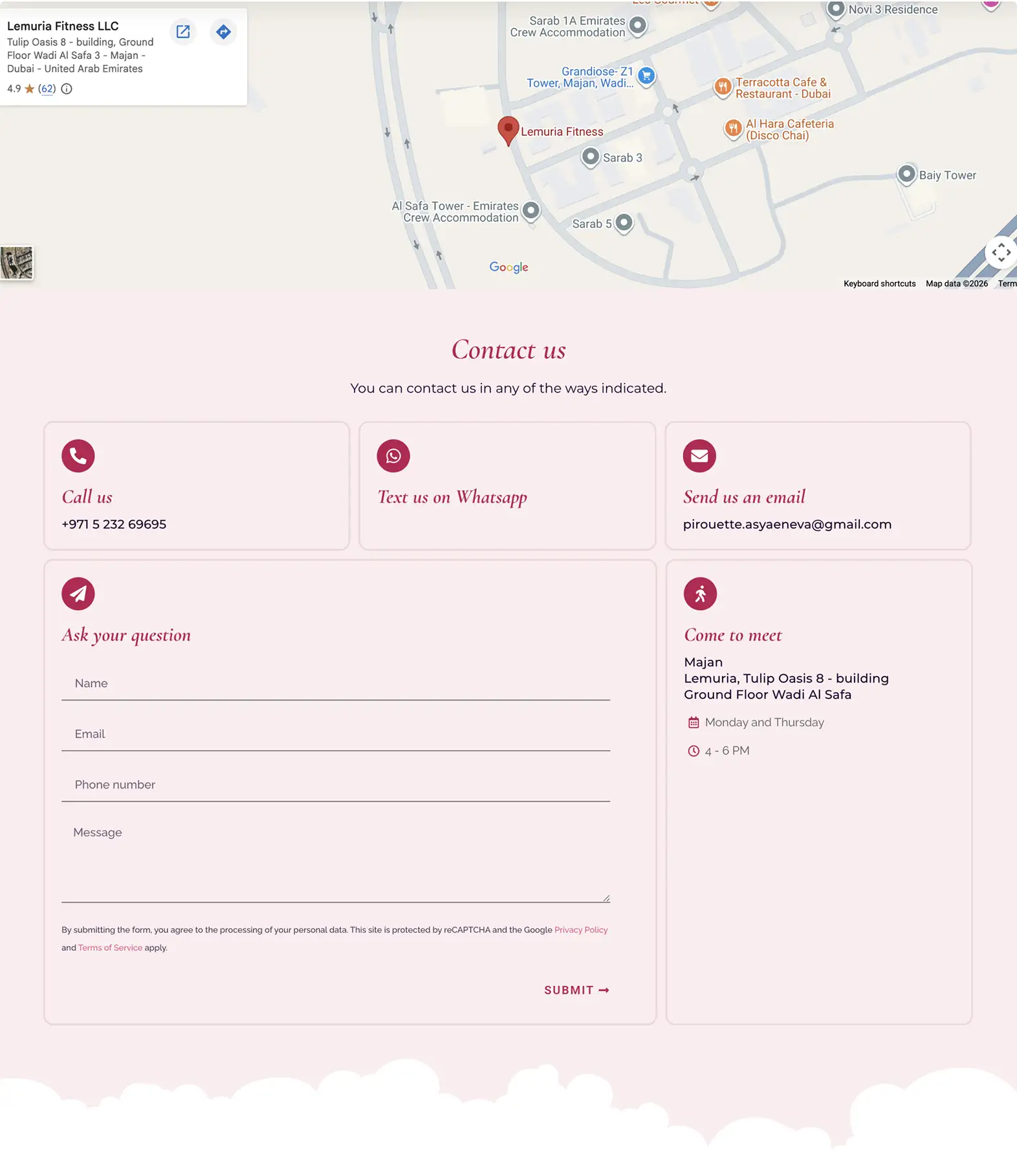 The Pirouette Studio contact page with an enquiry form and studio location map