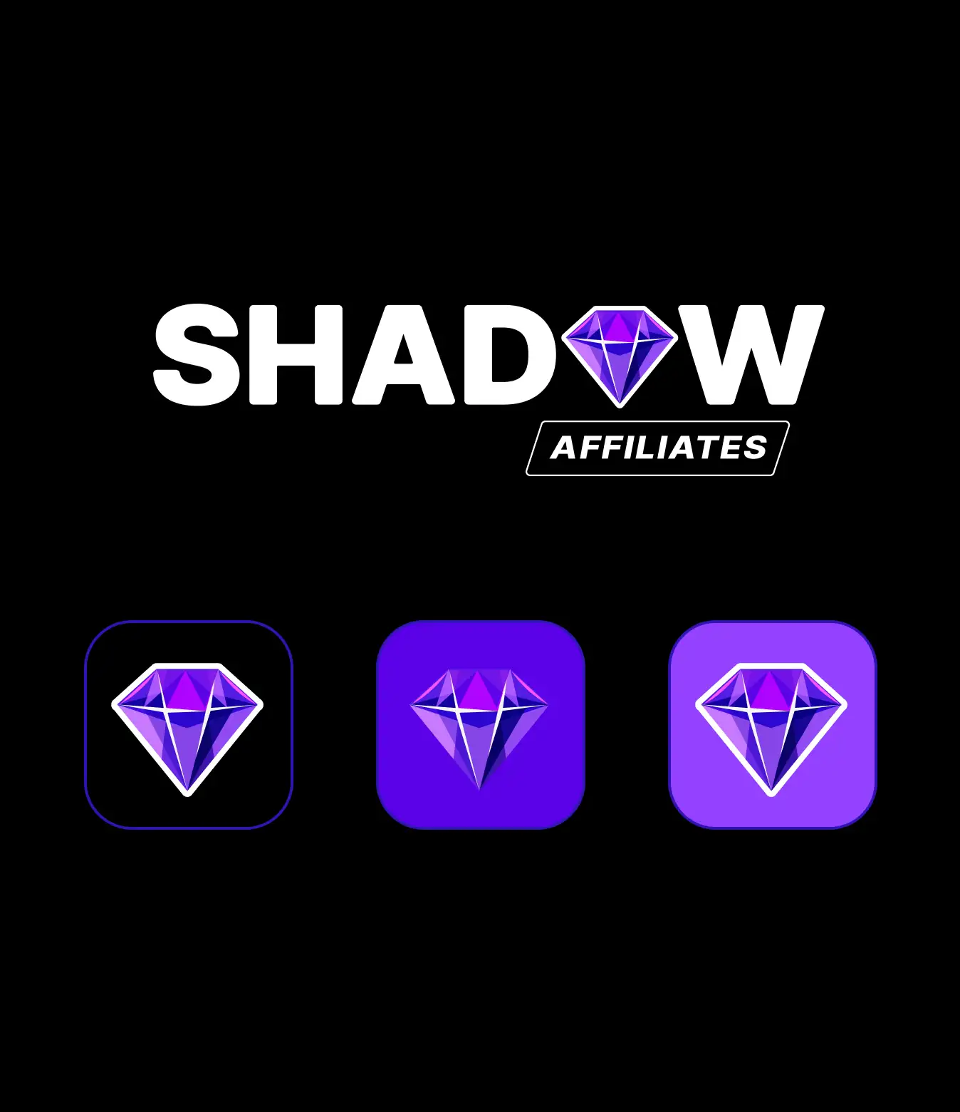 SHADOW AFFILIATES logo with three diamond app-icon variations