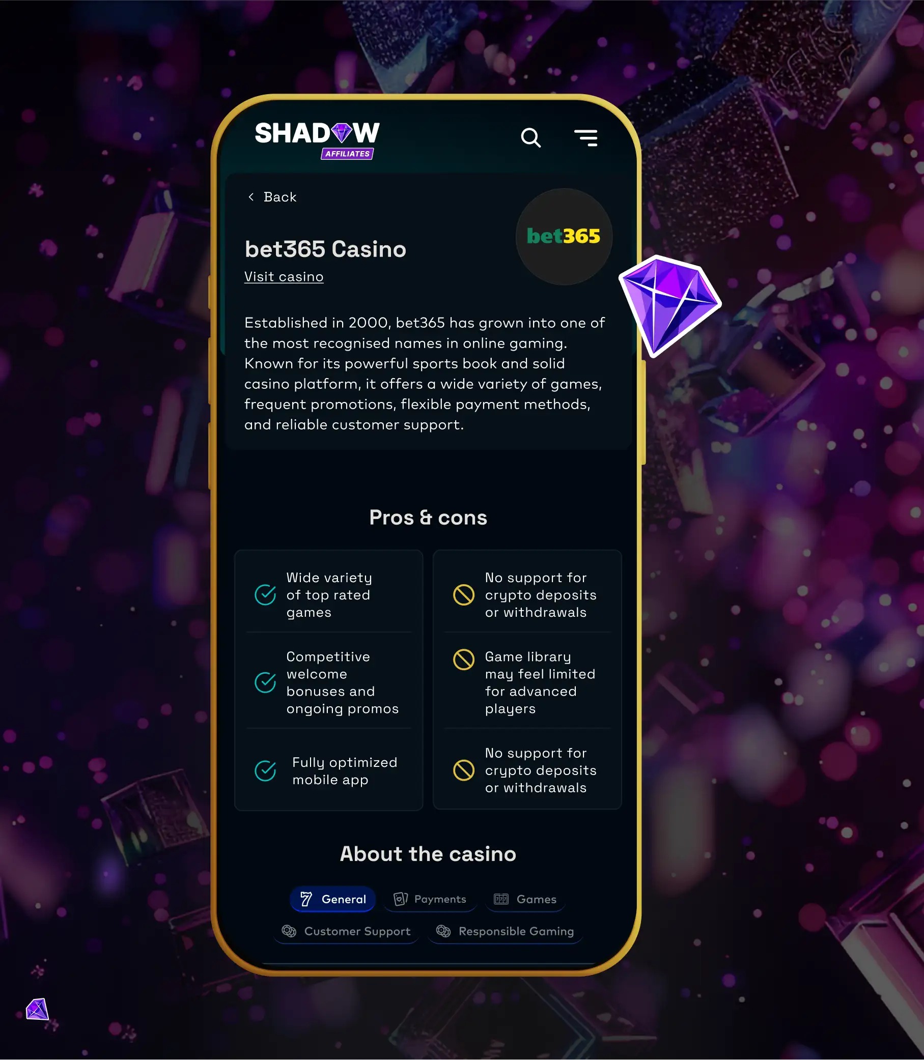 bet365 casino review screen inside the Shadow Affiliates app