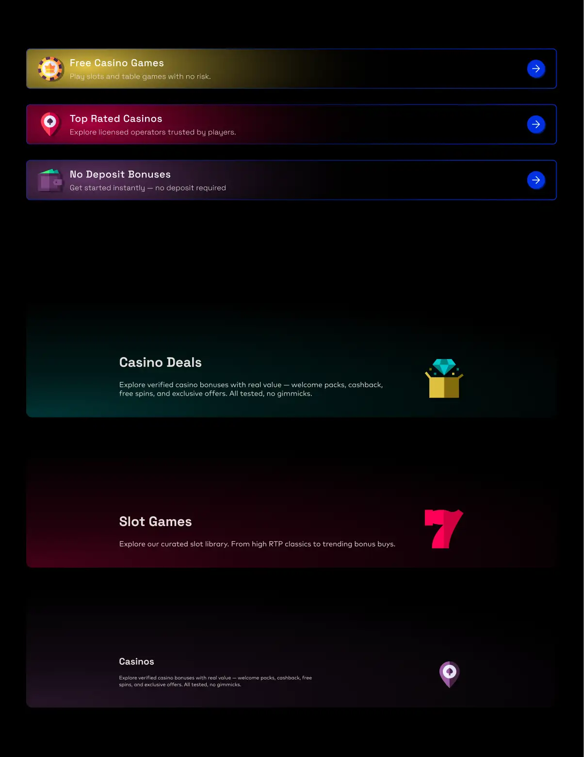 Casino deals, slot games and casinos list interface
