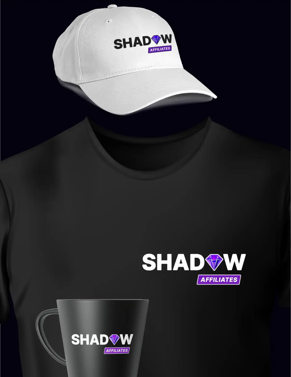 Shadow Affiliates branded cap, t-shirt and mug merchandise