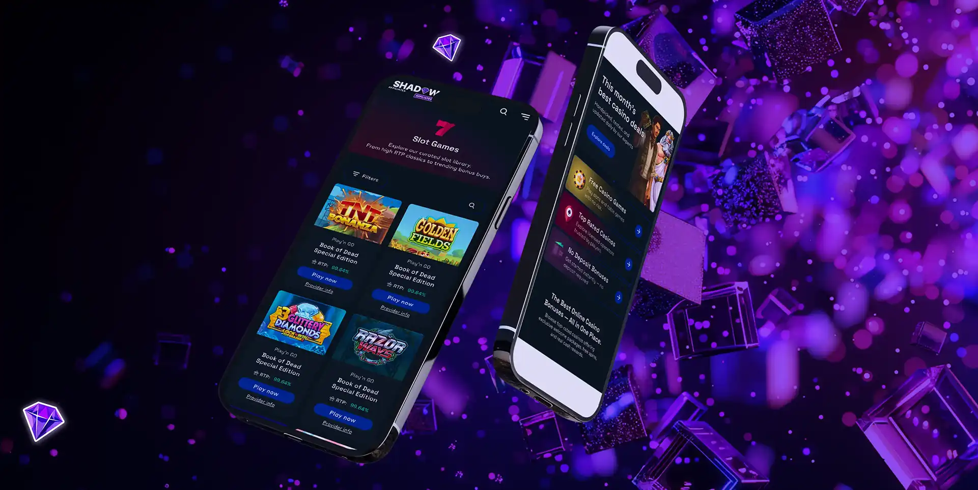 Shadow Affiliates brand showcase with phone mockups on a purple, particle-lit stage