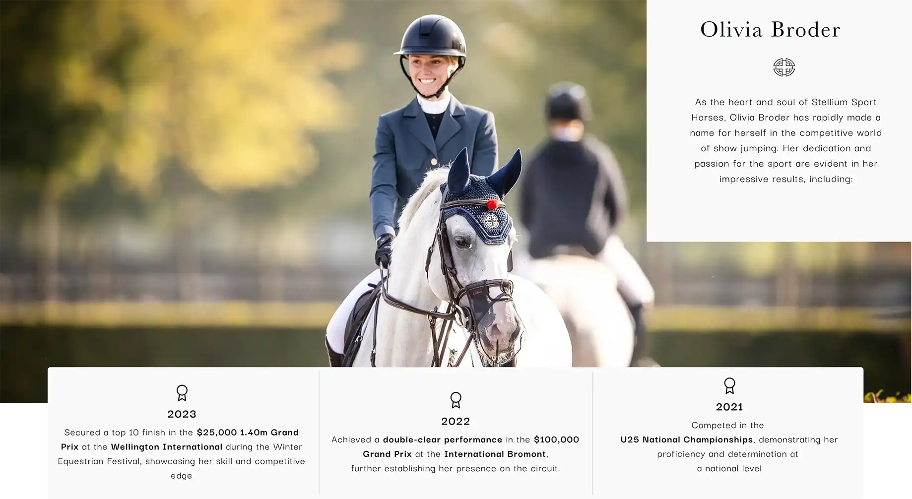 Rider Olivia Broder with her show-jumping record across 2021, 2022 and 2023