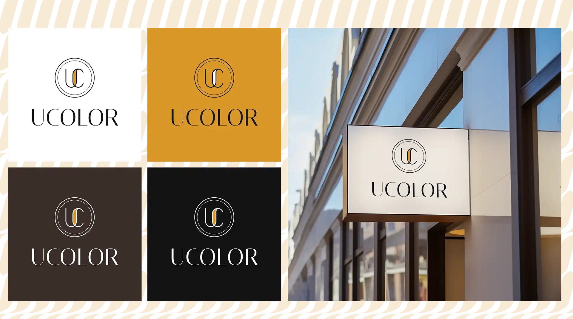 Four UCOLOR logo lockups on light, gold, beige and dark grounds beside the branded storefront window