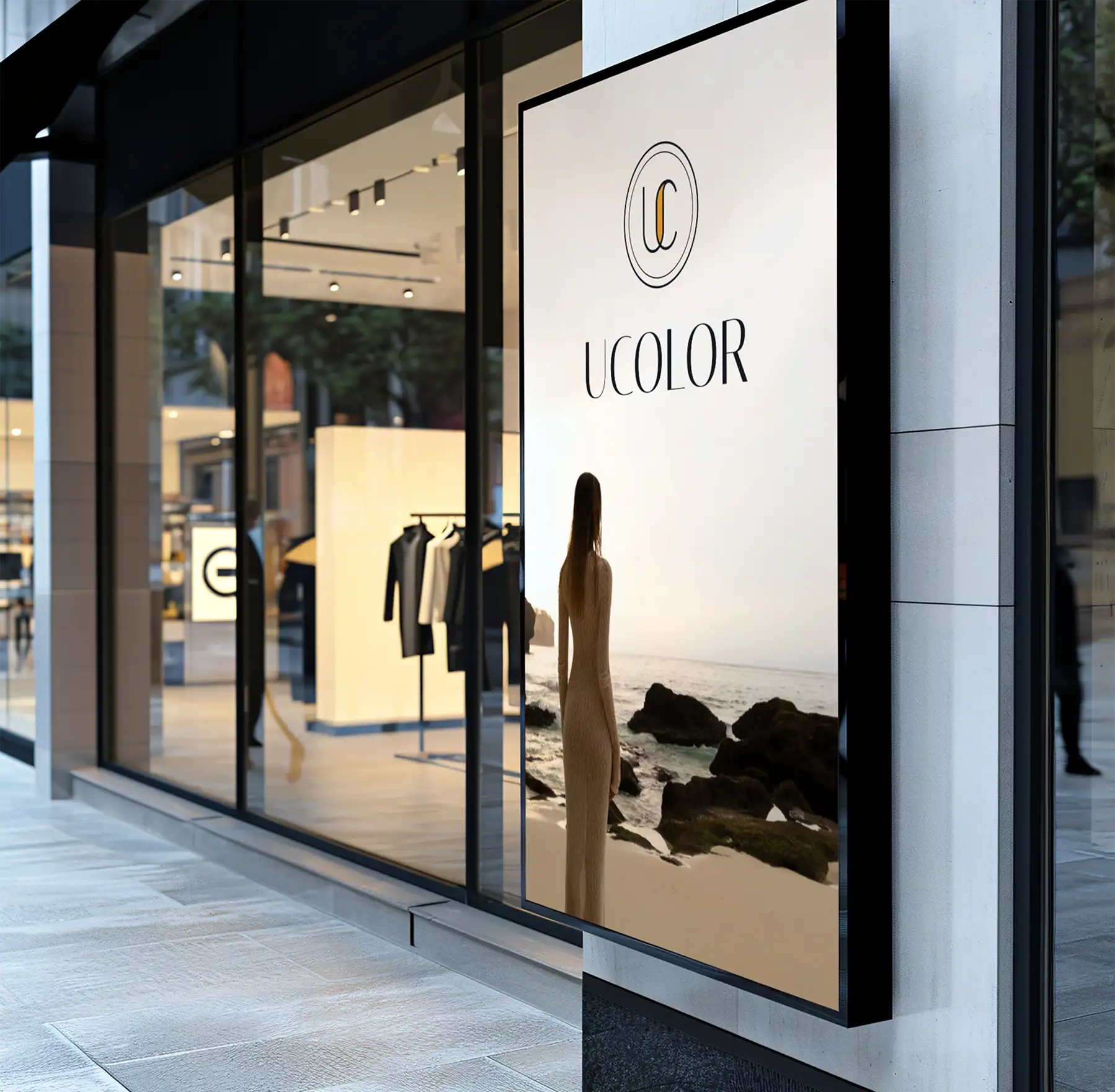 The Ucolor Pro storefront window with the gold logo etched on the glass
